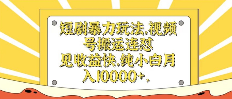 短剧剧本暴力行为游戏玩法，微信视频号运送连怼，见盈利快，纯小白月入1w-番茄副业网
