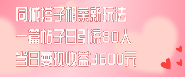同城搭子相亲新玩法一篇帖子引流80人当日变现3600元(项目教程+实操教程)【揭秘】-番茄副业网