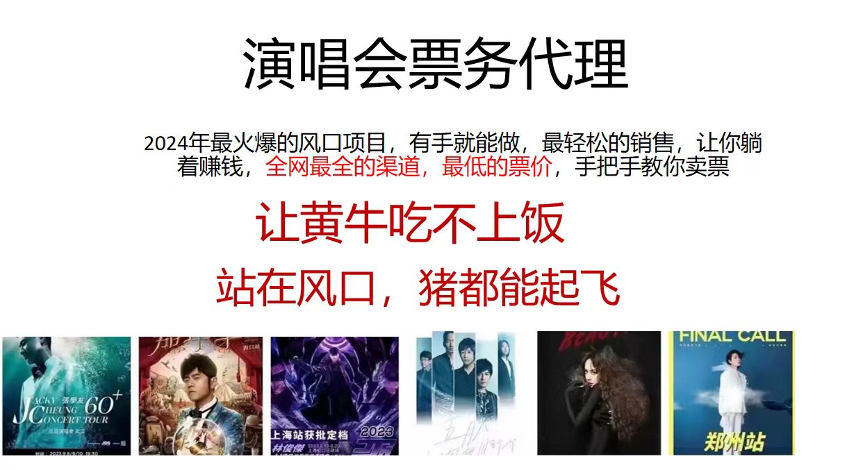 演唱会票务代理，2024年最火爆风口项目，全网最低的票价，小白一分钟上手日入2000+-番茄副业网