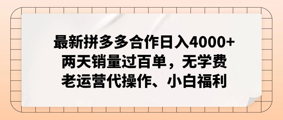 （12869期）拼多多最新协作日入4000 二天销售量过百单，无培训费、老经营代实际操作、新手褔利-番茄副业网