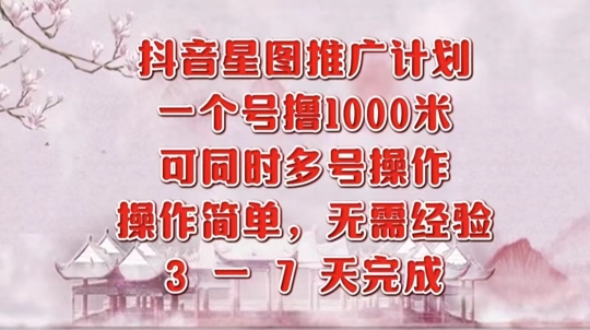 抖音星图推广项目，3-7天就能完成，每单1k，可多号一起做-番茄副业网