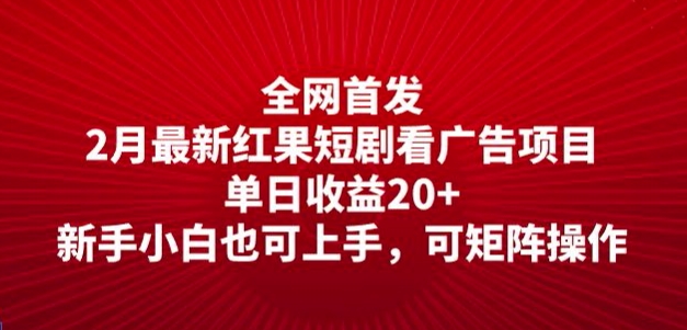 独家首发，2月全新红果短剧剧本看广告项目，单日盈利20 ，新手入门也可以入门，可引流矩阵实际操作-番茄副业网