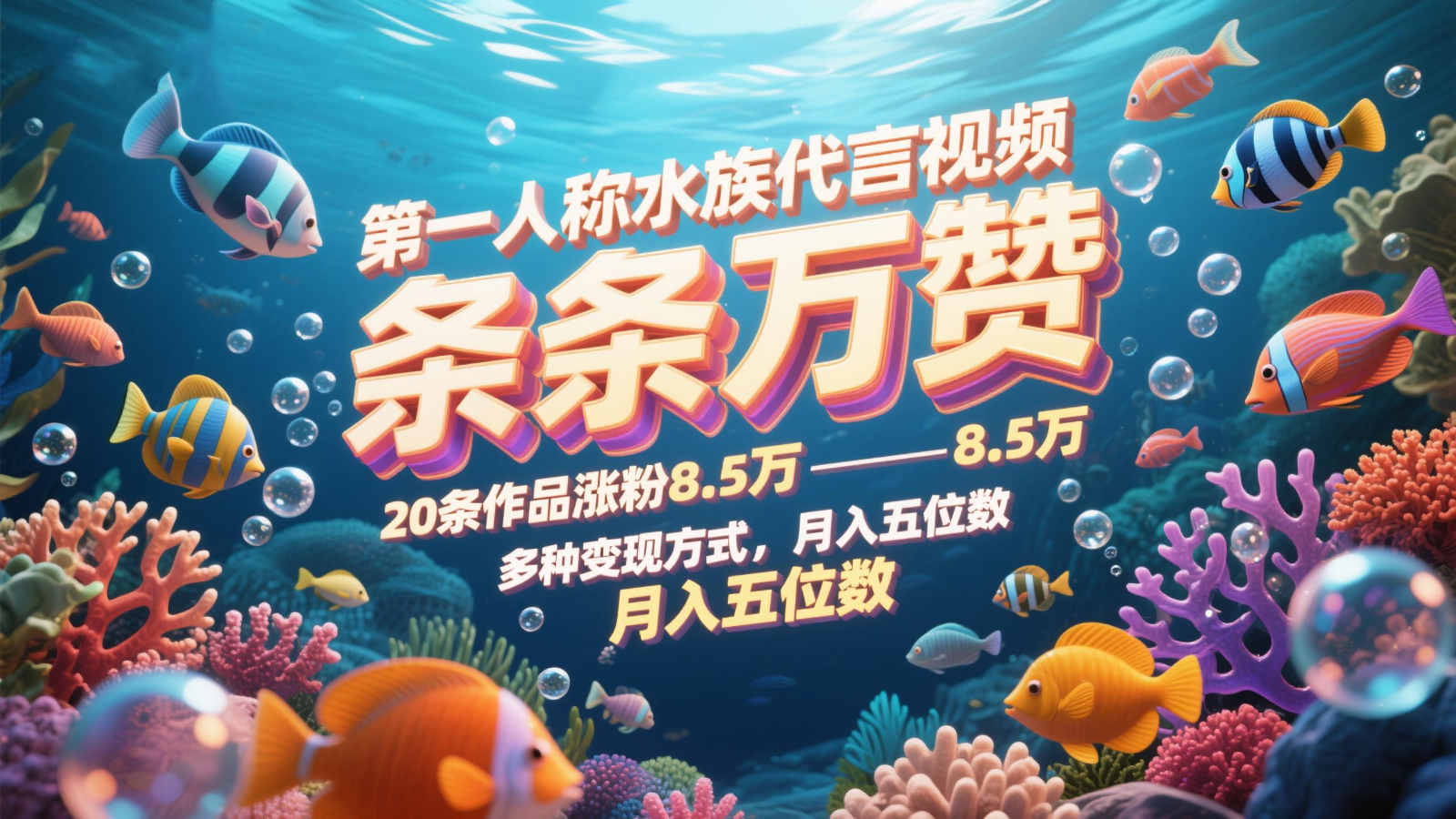 第一人称水族用品品牌代言短视频，一条条万赞，20条著作增粉8.5万，多种多样变现模式月，入五位数-番茄副业网