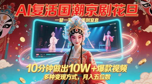 AI复生国潮品牌京剧花旦，一颦一笑美到窒息，10min作出10W 爆款短视频，多种多样变现模式，月入五位数-番茄副业网